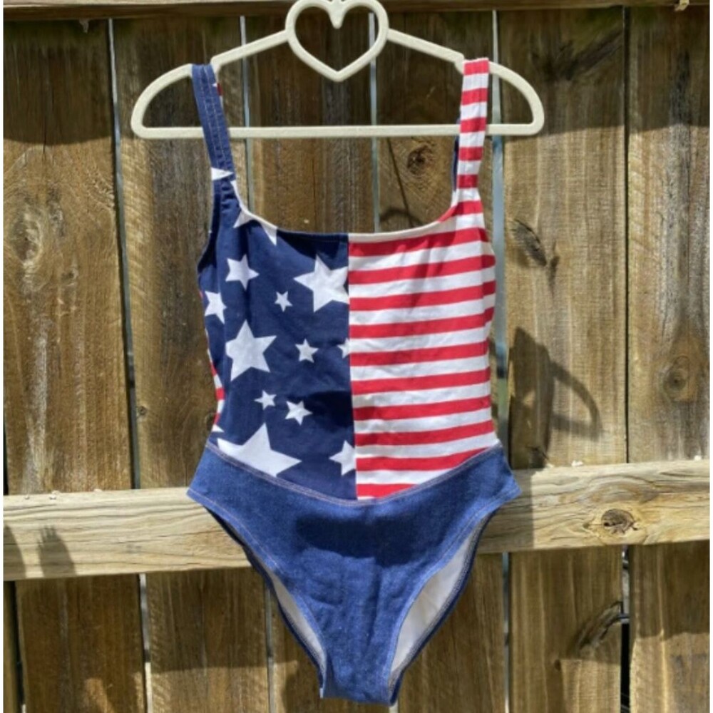VTG Catalina American Flag Bodysuit Built in Bra One Piece 4th of July Size 12
